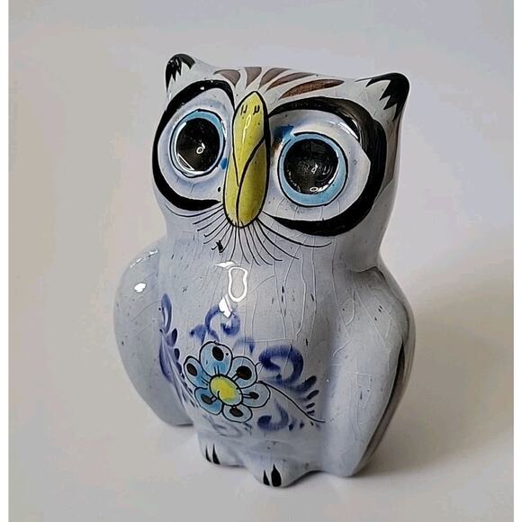 Vintage Talavera Owl Figurine 5" Hand Painted Glazed Ceramic Bohemian Folk Art - Picture 1 of 9